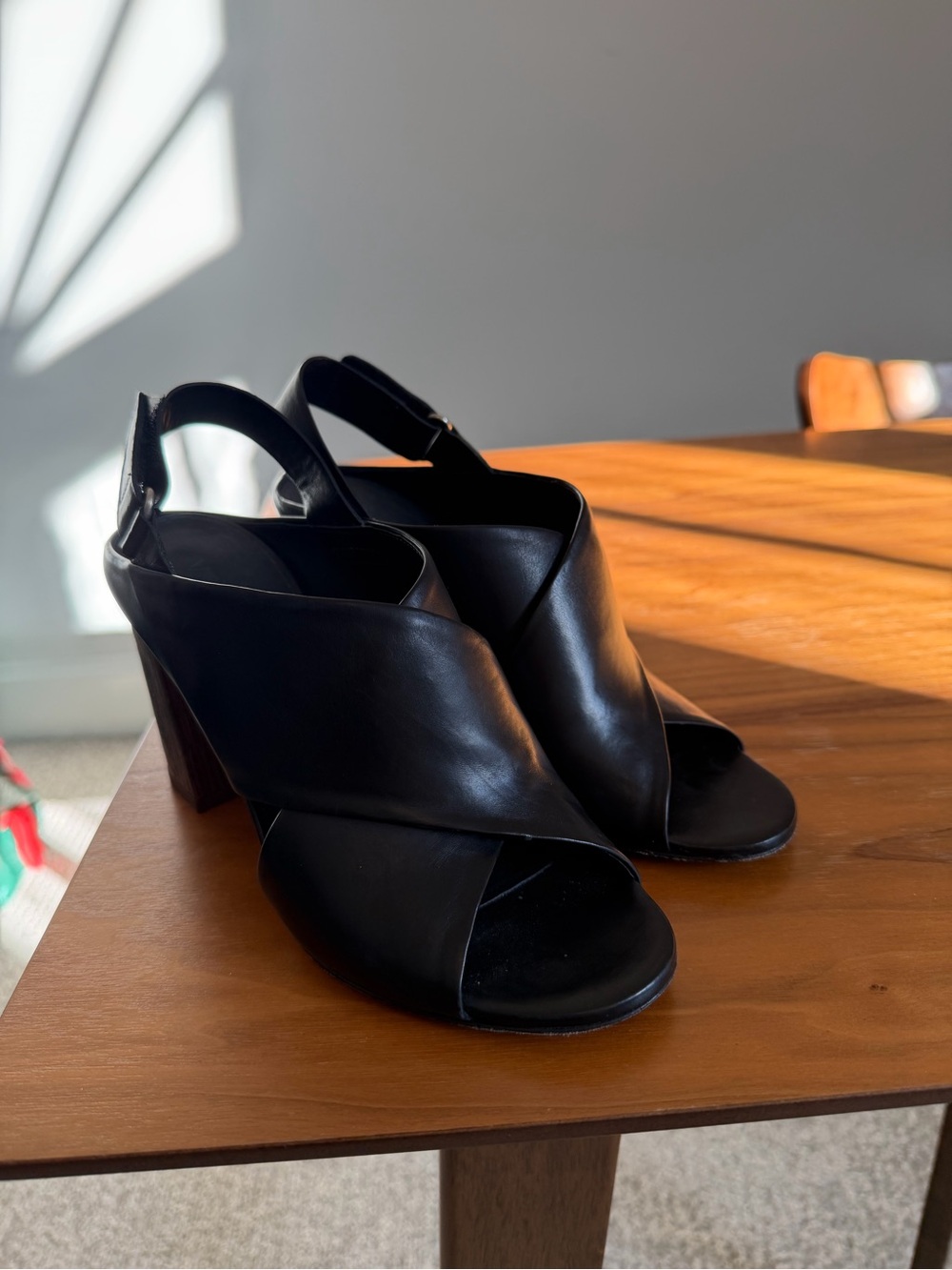 Vince Black Leather Crisscross Slingback Block Heel Sandals